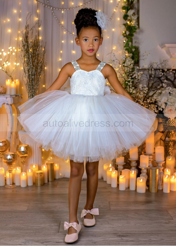 Sweetheart Neck White Lace Tulle Jeweled Trim Flower Girl Dress